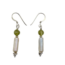 Load image into Gallery viewer, Apatite Fresh Water Pearl Sterling Silver Earrings | 1 1/4&quot; Long | Green White |
