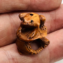 Load image into Gallery viewer, Carved & Signed Frog On Lotus Boxwood Ojime/Netsuke Bead | 25x18.5x17mm | Brown