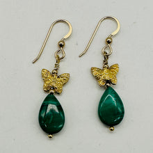 Load image into Gallery viewer, Malachite and Butterfly 14K Gold Filled Earrings | 1 3/4" Long | Green | 1 Pair