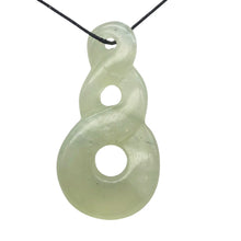 Load image into Gallery viewer, Hand Carved Translucent Serpentine Infinity Pendant with Black Cord 10821Y | 45x23.5x6.5mm | Light Green