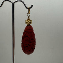Load image into Gallery viewer, Cinnabar Carved Teardrop Barrel Bead 14K Gold Filled Pendant | 2 1/4" Long| Red|