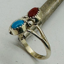 Load image into Gallery viewer, Turquoise and Coral Native Design Sterling Silver Ring | 7 | Blue, Red, Silver |