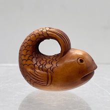 Load image into Gallery viewer, Carved & Signed Adorable Fish Boxwood Ojime/Netsuke Bead | 26x23x16mm | Brown