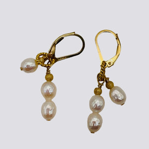 Faceted Pearl 14K Gold Filled Lever Back Earrings | 1 1/2" Long| White| 1 Pair |