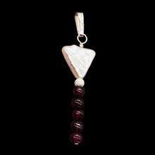 Load image into Gallery viewer, Pearl Triangle and Garnet Sterling Silver Drop Pendant| 1 3/4" Long| White, Red|