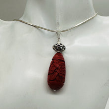 Load image into Gallery viewer, Cinnabar Carved Teardrop Barrel Bead Sterling Silver Pendant | 2 1/4" Long| Red