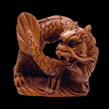 Load image into Gallery viewer, Carved Boxwood Wise Dragon On Clouds Ojime/Netsuke Bead | 22.5x24x13mm | Brown