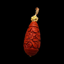 Load image into Gallery viewer, Cinnabar Carved Teardrop Barrel Bead 14K Gold Filled Pendant | 2 1/4" Long| Red|