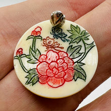 Load image into Gallery viewer, Rose Flower Scrimshaw Round Pendant Bead | 25x3mm | Red, Green, Cream | 1 Bead |