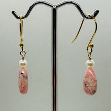 Load image into Gallery viewer, Teardrop Rhodochrosite and Pearl Drop 14K Rose Gold Filled Earrings|1 1/2" Long|