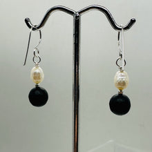 Load image into Gallery viewer, Black Stone - Africa Round Bead and Pearl Sterling Silver Earrings| Black Matte|