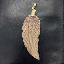 Load image into Gallery viewer, Jasper Carved Gold Trim Leaf Pendant | 3" Long | Beige Mauve | 1 Pendant |