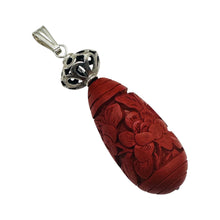 Load image into Gallery viewer, Cinnabar Carved Teardrop Barrel Bead Sterling Silver Pendant | 2 1/4" Long| Red