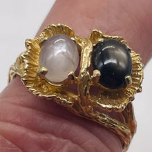 Load image into Gallery viewer, Star Sapphires 14K Yellow Gold Ring |7x5 Oval Stones | Size 7.75 | Black, White|