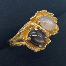 Load image into Gallery viewer, Star Sapphires 14K Yellow Gold Ring |7x5 Oval Stones | Size 7.75 | Black, White|