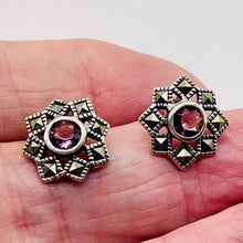 Load image into Gallery viewer, Purple CZ Marcasite Sterling Silver Flower Earrings | 3/8" | Silver | 1 Pair }