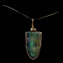 Load image into Gallery viewer, Labradorite Fiery 14K Gold Wire Wrap 35x20mm Stone Pendant | 2 1/4" Long| Green|