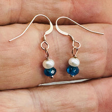 Load image into Gallery viewer, Dazzle Blue Apatite and Fresh Water Pearl Rose Filled Gold Earrings | 1" Long |