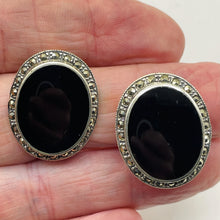 Load image into Gallery viewer, Onyx Marcasite Clip-On Sterling Silver Oval Earrings| 27x21mm | Black | 1 Pair |