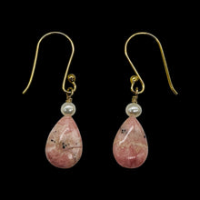 Load image into Gallery viewer, Teardrop Rhodochrosite and Pearl Drop 14K Rose Gold Filled Earrings|1 1/2" Long|