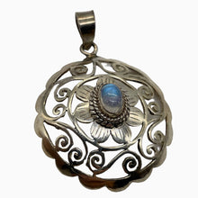 Load image into Gallery viewer, Moonstone Sterling Silver Round Filagree Pendant | 1 1/4" Long| Blue| 1 Pendant|
