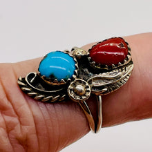 Load image into Gallery viewer, Turquoise Coral Sterling Silver Feather Design Ring | 6 | Blue Red | 1 Rung |