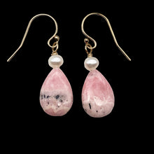 Load image into Gallery viewer, Teardrop Rhodochrosite and Pearl Drop 14K Gold Filled Earrings | 1 1/2" Long |