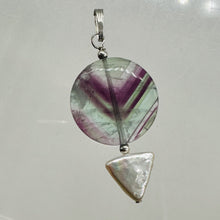 Load image into Gallery viewer, Fluorite and Pearl Sterling Silver Pendant | 1 3/4" Long | Purple, White |