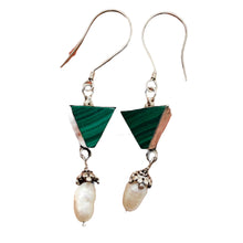 Load image into Gallery viewer, Malachite Fresh Water Pearl Sterling Silver Earrings | 2 1/4&quot; Long| Green White|
