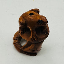 Load image into Gallery viewer, Carved & Signed Frog On Lotus Boxwood Ojime/Netsuke Bead | 25x18.5x17mm | Brown