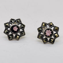 Load image into Gallery viewer, Purple CZ Marcasite Sterling Silver Flower Earrings | 3/8" | Silver | 1 Pair }