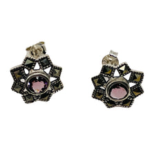 Load image into Gallery viewer, Purple CZ Marcasite Sterling Silver Flower Earrings | 3/8" | Silver | 1 Pair }