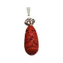 Load image into Gallery viewer, Cinnabar Carved Teardrop Barrel Bead Sterling Silver Pendant | 2 1/4" Long| Red