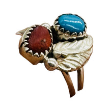 Load image into Gallery viewer, Turquoise and Coral Native Design Sterling Silver Ring | 7 | Blue, Red, Silver |