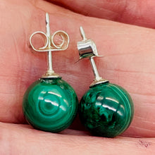 Load image into Gallery viewer, Malachite Sterling Silver Post Round Earrings | 8mm | Green | 1 Pair |
