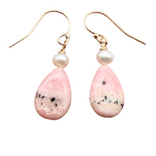 Load image into Gallery viewer, Teardrop Rhodochrosite and Pearl Drop 14K Gold Filled Earrings | 1 1/2" Long |