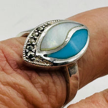 Load image into Gallery viewer, Turquoise Mother of Pearl Marcasite Sterling Silver Ring | Blue, White, Silver |
