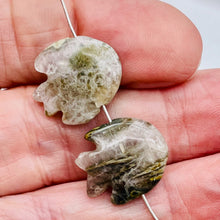 Load image into Gallery viewer, 2 Hand Carved Ocean Jasper Fish Beads | 24x20x5mm-17x18x7mm | Green and Grey