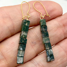 Load image into Gallery viewer, 14k-gold-filled-moss-agate-cube-bead-earrings-2-inches-long-green-clear Primary Image 8