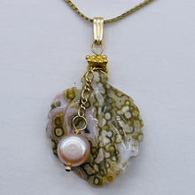 Load image into Gallery viewer, Ocean Jasper Leaf w/Pearl 14K Gold Filled Pendant | 1 1/2" Long | Yellow/White |