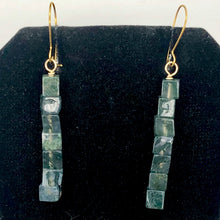 Load image into Gallery viewer, 14k-gold-filled-moss-agate-cube-bead-earrings-2-inches-long-green-clear Alternate Image 2
