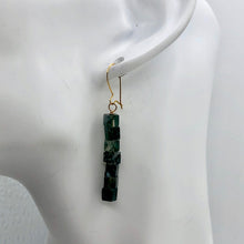 Load image into Gallery viewer, 14k-gold-filled-moss-agate-cube-bead-earrings-2-inches-long-green-clear Alternate Image 6