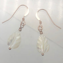 Load image into Gallery viewer, Shimmer! Carved Mother of Pearl 14K Rose Gold Filled Leaf Earrings| 1 1/4" Long|
