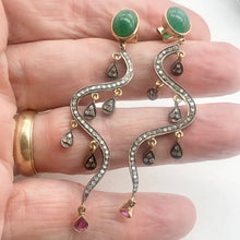 Load image into Gallery viewer, 18Kt Gold Earrings Dripping W/ 108 Diamonds Pink Sapphire Emerald 6521