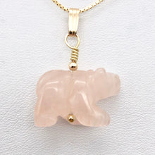 Load image into Gallery viewer, Roar! Hand Carved Natural Rose Quartz Bear 14Kgf Pendant | 13x18x7mm (Bear), 5.5mm (Bail Opening), 1.5" (Long) | Pink - PremiumBead Alternate Image 3