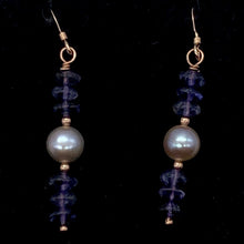 Load image into Gallery viewer, Vibrant Faceted Iolite and Pearl Dangling Earrings |Rose Gold | 1 3/4" Long |