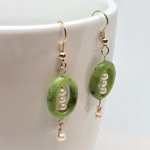 Load image into Gallery viewer, Lovely Nephrite Jade FW Pearl and 14k Gold Dangle Earrings | Handmade