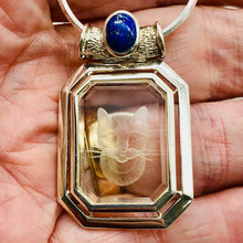 Load image into Gallery viewer, Lapis and Cat Etched Quartz Sterling Silver Pendant | 1 3/4" Long | Blue/Clear |