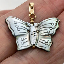 Load image into Gallery viewer, Mussel Shell Carved Butterfly 14K Gold Filled Pendant | 1" Long | Silver Black |