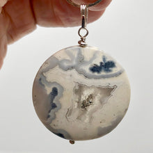Load image into Gallery viewer, Ocean Jasper Round Sterling Silver Pendant| 2" Long|White Blue w/Druzy Crystal |